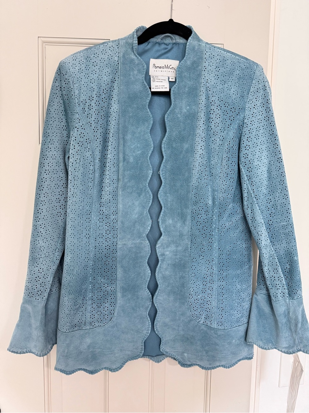 Pamela McCoy Laser-Cut Leather Jacket in Blue Size XS NWT